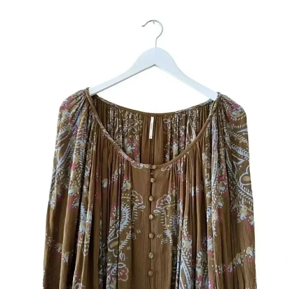 Free People  Brown green hippie babydoll peasant dress balloon sleeves S #1993